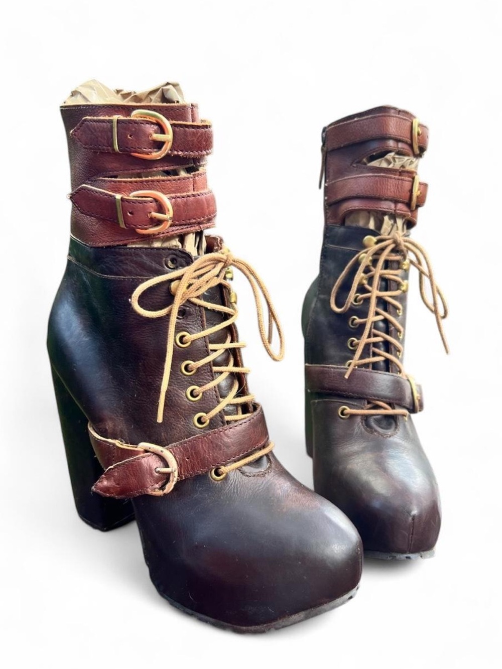 Miista Brown Leather Lace-Up Andee Platform Boots with Buckle Straps